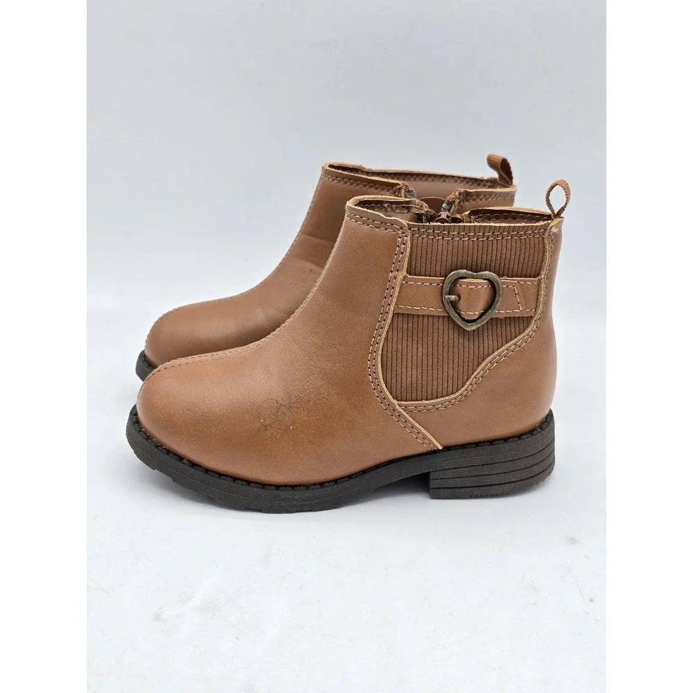 Carter's Toddler Girl Size 7 Lena Ankle Boots Tan Side Zip Up‎ Heart Buckle
